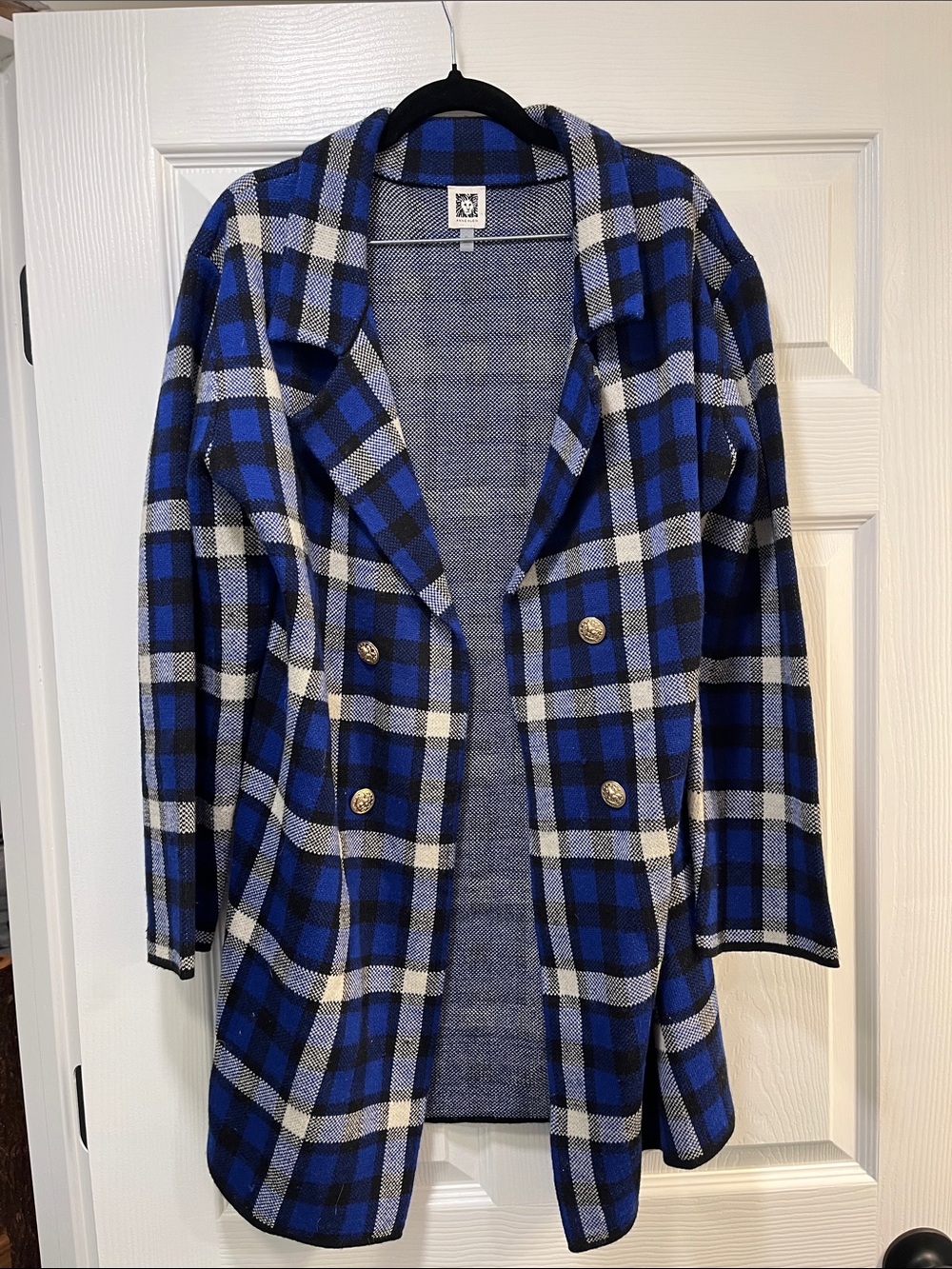 Anne Klein Blue and White Plaid Double-Breasted